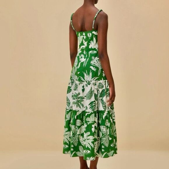 NEW FARM Rio Forest Soul Mix Midi Dress Tropical Green White Tiered Size XL - Picture 4 of 16